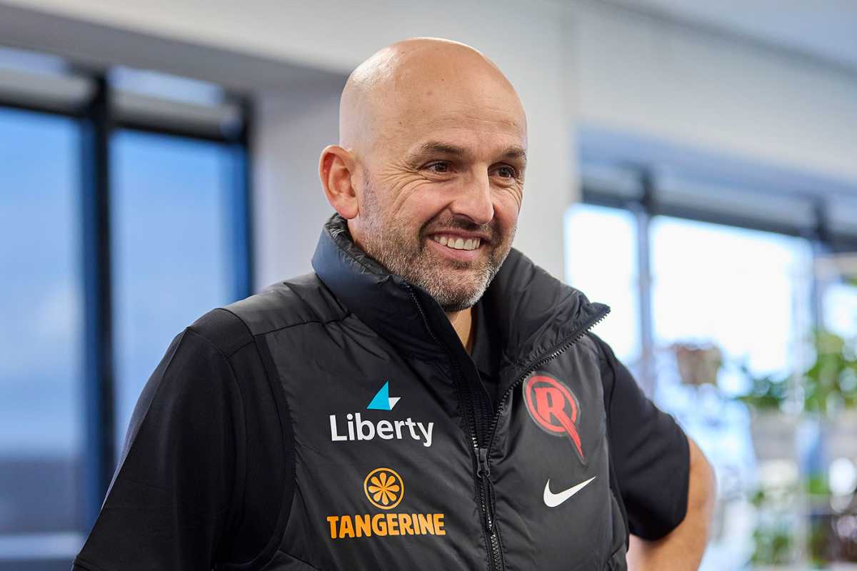 Nathan Lyon speaks at a Melbourne Renegades event, Melbourne, July 29, 2025
