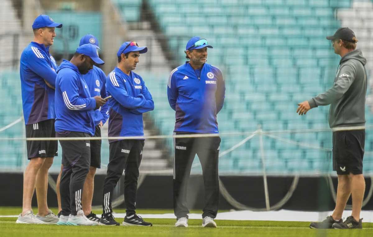 Gautam Gambhir and the Indian support staff interact with a groundsman during a training session, The Oval, July 29, 2025