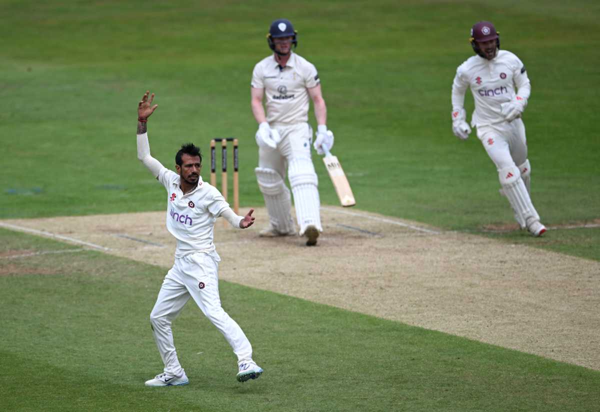 Yuzvendra Chahal appeals for another wicket, Northamptonshire v Derbyshire, County Championship, Northampton, July 29, 2025