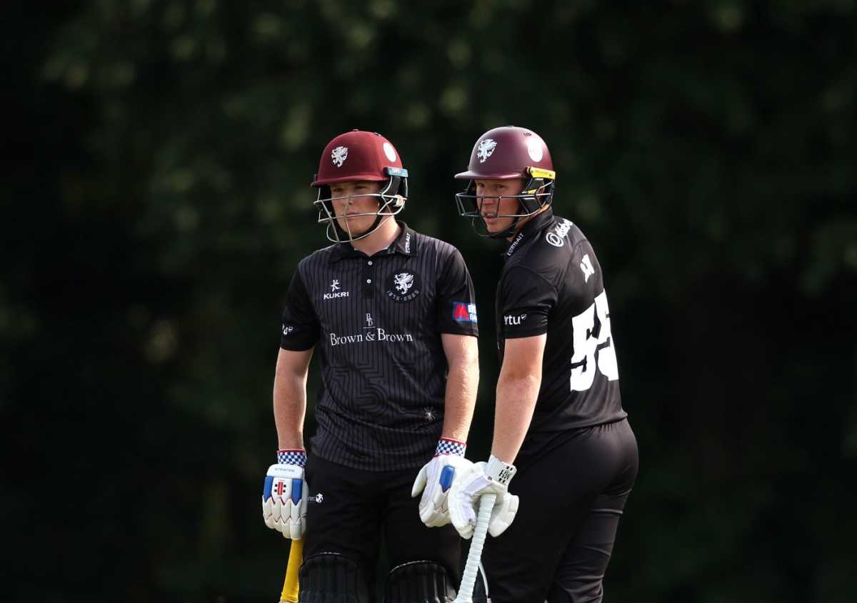 Brothers James Rew and Thomas Rew of Somerset in conversation between overs, Metro Bank One Day Cup, Middlesex vs Somerse, Radlett, August 06, 2025