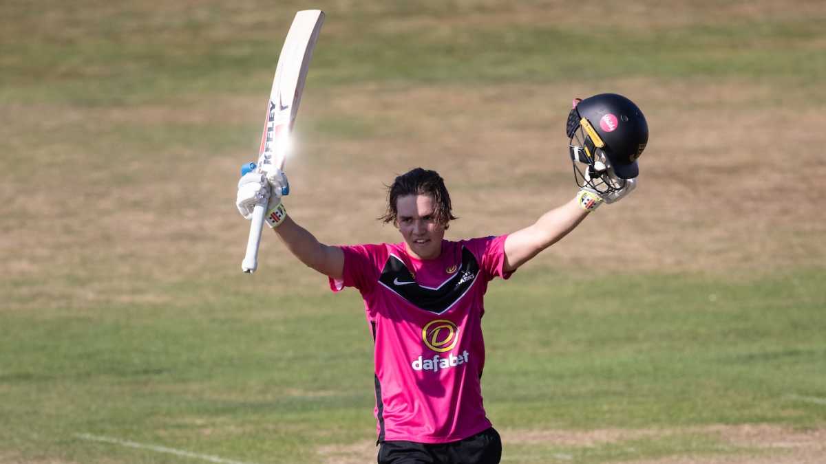 Charlie Tear celebrates his maiden professional hundred, Northamptonshire vs Sussex, Wantage Road, One Day Cup, August 17, 2025