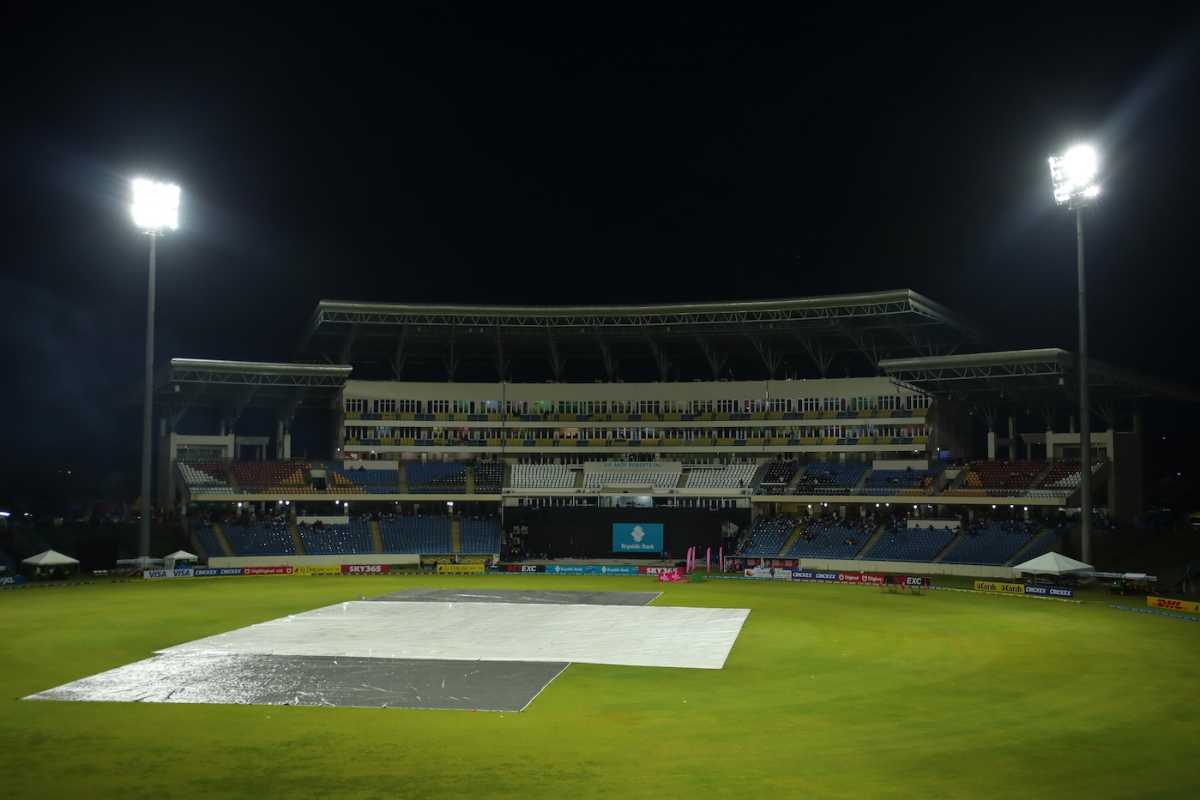 Rain delayed the start of the game after the toss, St Lucia Kings vs Antigua and Barbuda Falcons, CPL 2025, North Sound, August 17, 2025
