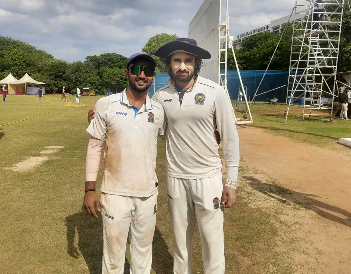 Aayush Pandey (left) and Sanjeet Desai (right) get together after helping Chhattisgarh beat Maharashtra in the Buchi Babu tournament, Chennai, August 20, 2025