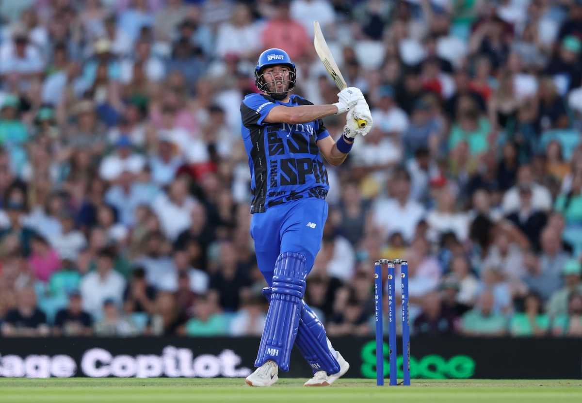Jamie Overton clubs to the leg side, Oval Invincibles vs London Spirit, The Kia Oval, The Hundred men's competition, August 25, 2025
