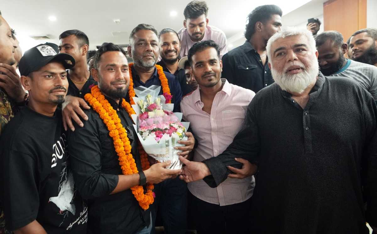 Mohammad Mithun celebrates after being elected president of the Cricketers' Welfare Association of Bangladesh, Dhaka, September 4, 2025
