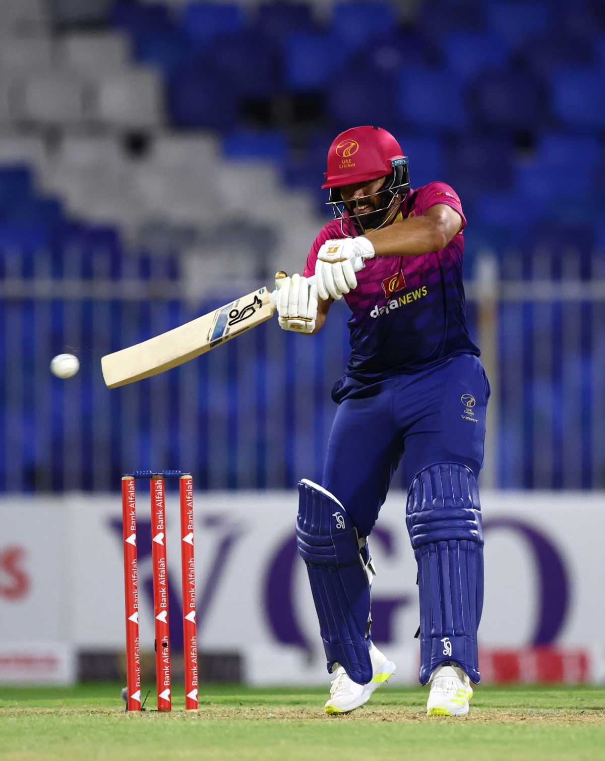Alishan Sharafu climbs into a square cut, UAE vs Pakistan, UAE T20I tri-series, Sharjah, September 4, 2025