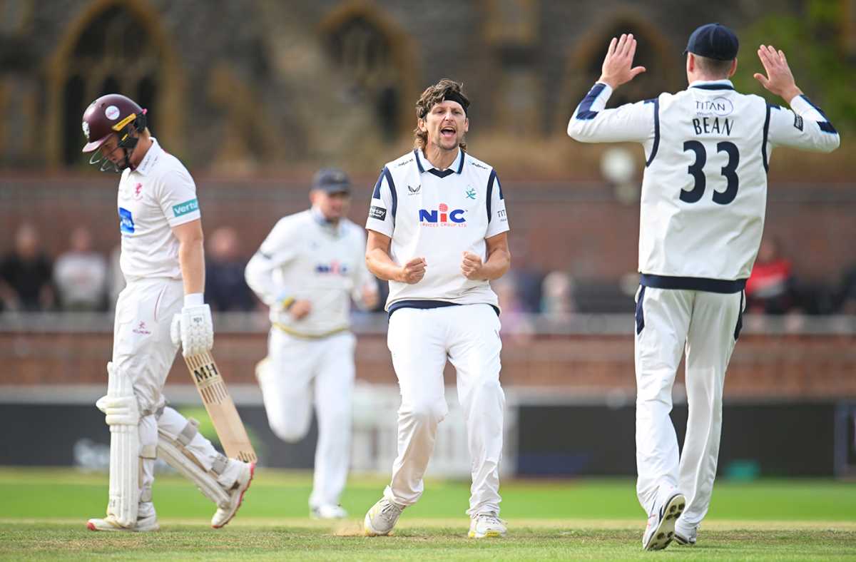 Jack White made the early breakthrough on day two, Somerset vs Yorkshire, County Championship, Division One, Taunton, September 9, 2025
