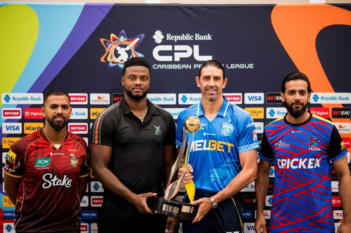 Nicholas Pooran, Romario Shepherd, David Wiese and Imad Wasim with the CPL trophy, CPL, Guyana, September 15, 2025
