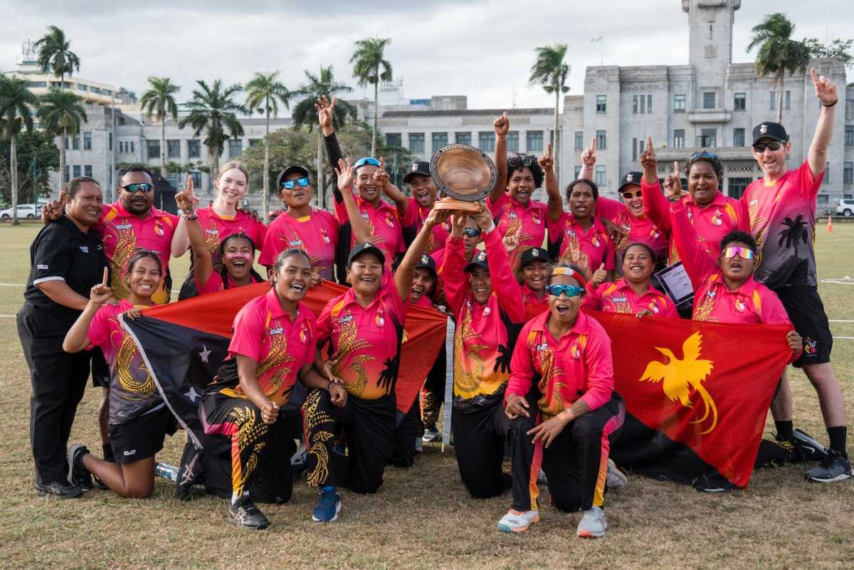 PNG Women celebrate after winning the East Asia Pacific Qualifier, Papua New Guinea vs Vanuatu, ICC Women's T20 World Cup East Asia Pacific Qualifier, final, Suva, September 15, 2025
