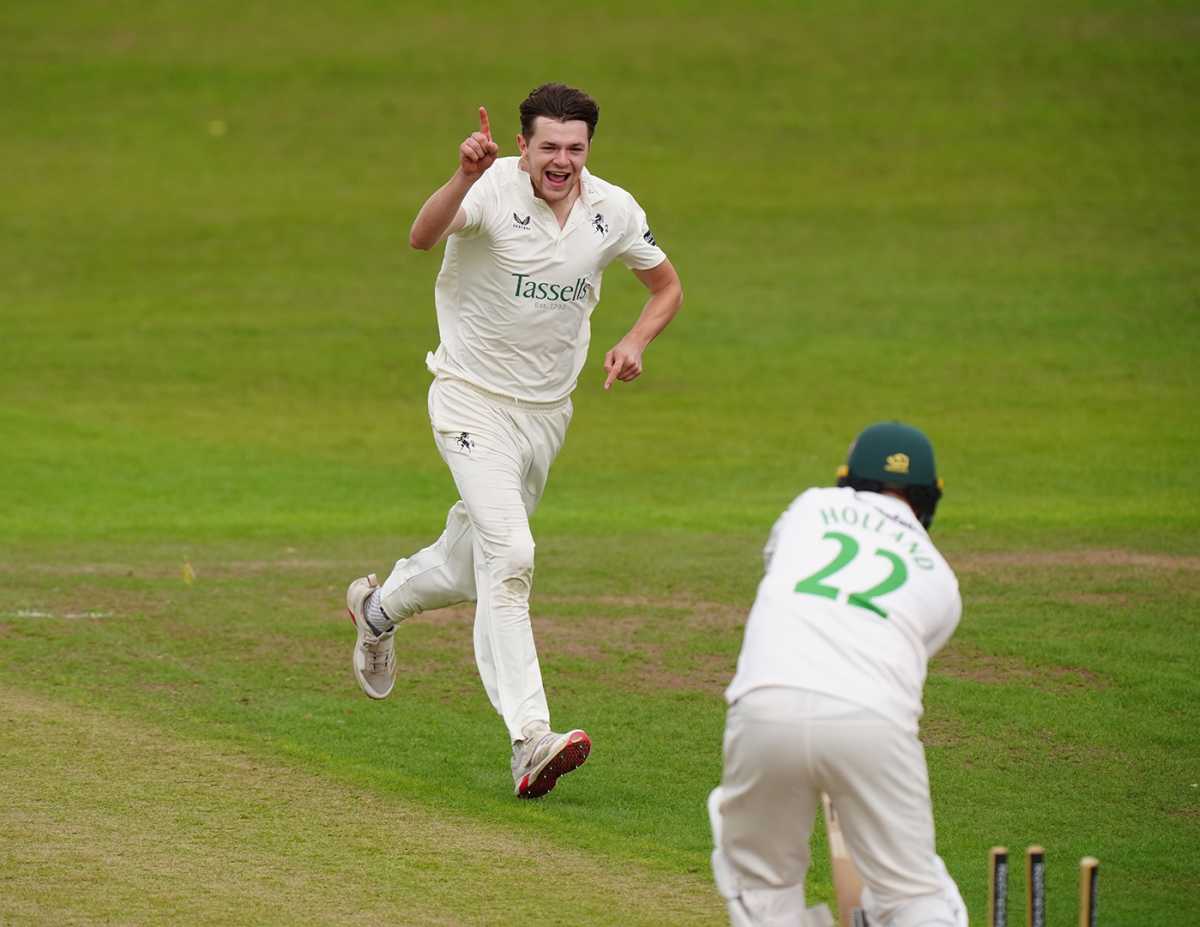 George Garrett celebrates after bowling out Ian Holland, Leicestershire vs Kent, County Championship, Grace Road, September 16, 2025