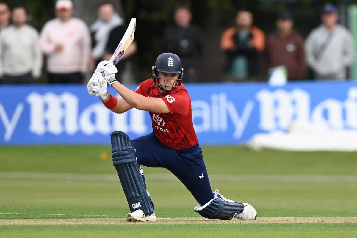 Jacob Bethell drives through the covers on his captaincy debut, Ireland vs England, 1st Men's T20 International, Malahide, Dublin, September 17, 2025