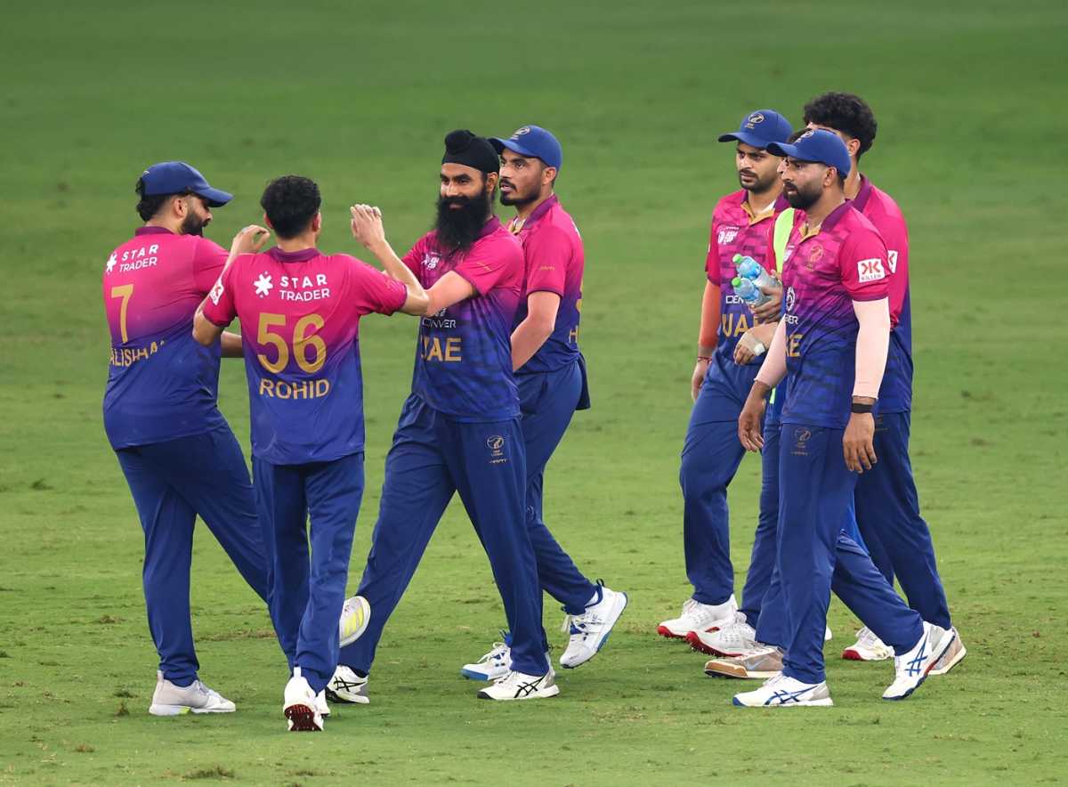 Simranjeet Singh celebrates a wicket with his team-mates, UAE vs Pakistan, Men's T20 Asia Cup, Dubai, September 17, 2025