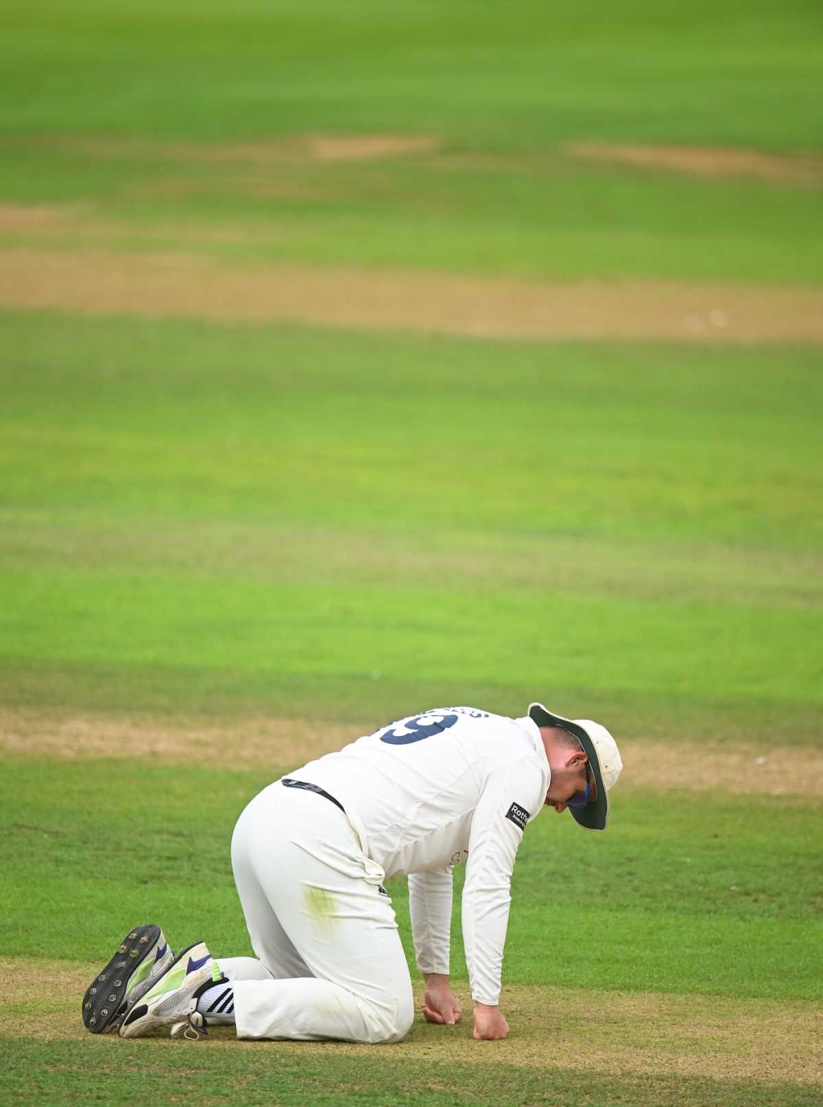 Alex Lees assesses the Taunton pitch on day one, Somerset vs Durham, Taunton, Division One, Rothesay County Championship, July 22, 2025 