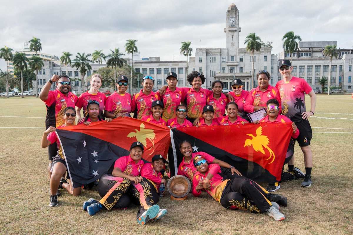The Papua New Guinea players and support staff celebrate, Papua New Guinea vs Vanuatu, ICC Women's T20 World Cup East Asia Pacific Qualifier final, Suva, September 15, 2025