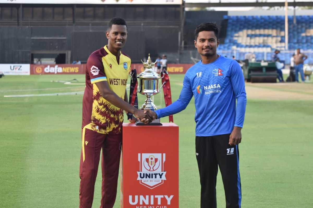 Akeal Hosein and Rohit Paudel pose with the series trophy, Nepal vs West Indies, 1st T20I, Sharjah, September 26, 2025