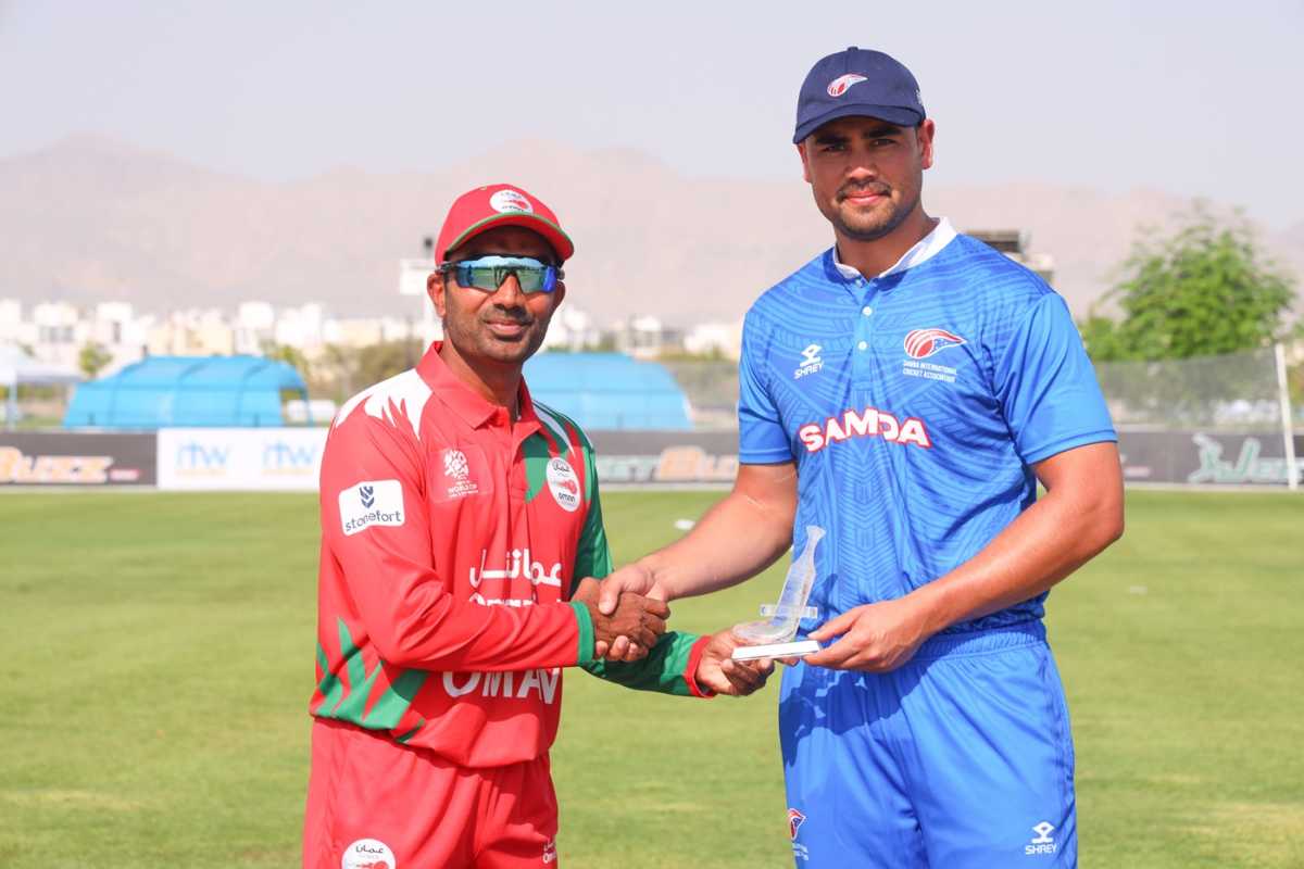 Aamir Kaleem and Caleb Jasmat at the toss, Oman vs Samoa, Men's T20 World Cup Asia & EAP Qualifier, Oman, October 8, 2025