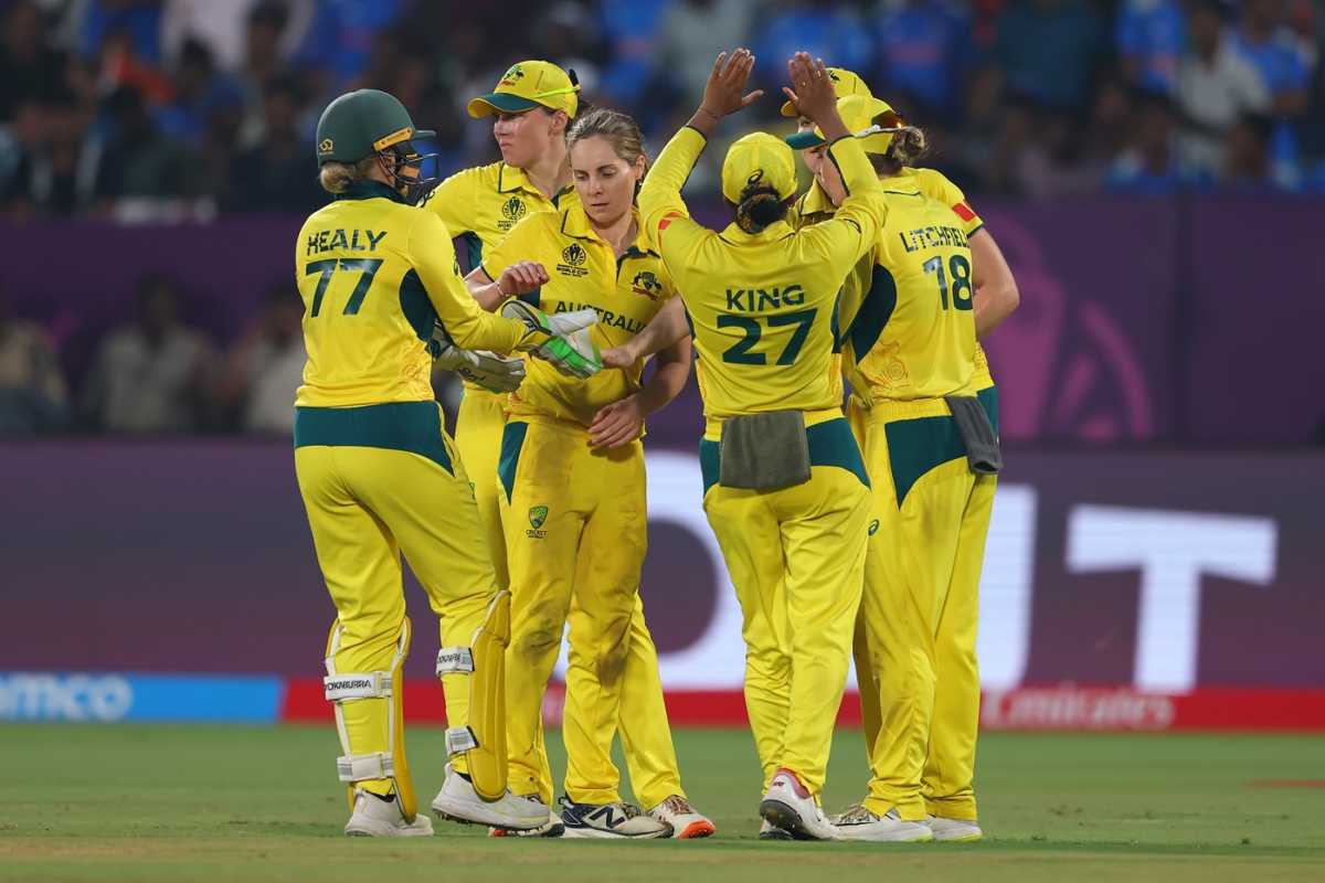 Sophie Molineux celebrates after getting rid of Harleen Deol, India vs Australia, Women's ODI World Cup, Visakhapatnam, October 12, 2025