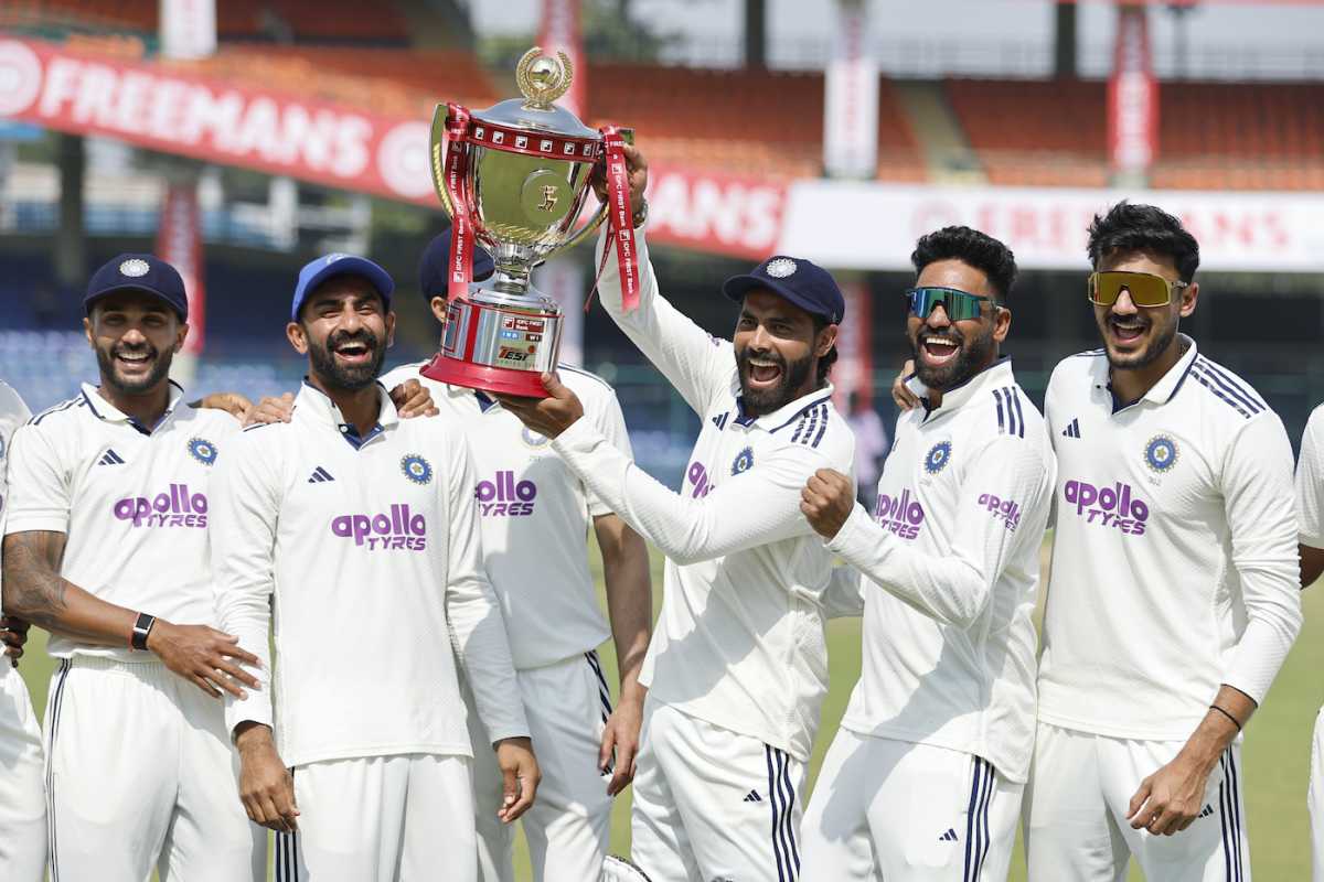 Nitish Kumar Reddy, N Jagadeesan, Ravindra Jadeja, Mohammed Siraj and Axar Patel party with the series trophy, India vs West Indies, 2nd Test, Delhi, 5th Day, October 14, 2025