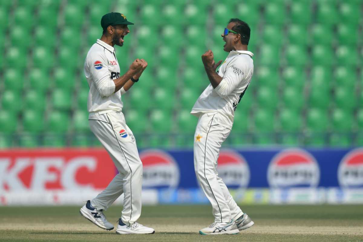 Shan Masood and Noman Ali celebrate Dewald Brevis' wicket, Pakistan vs South Africa, 1st Test, ICC World Test Championship, Lahore, Day 4, October 15, 2025