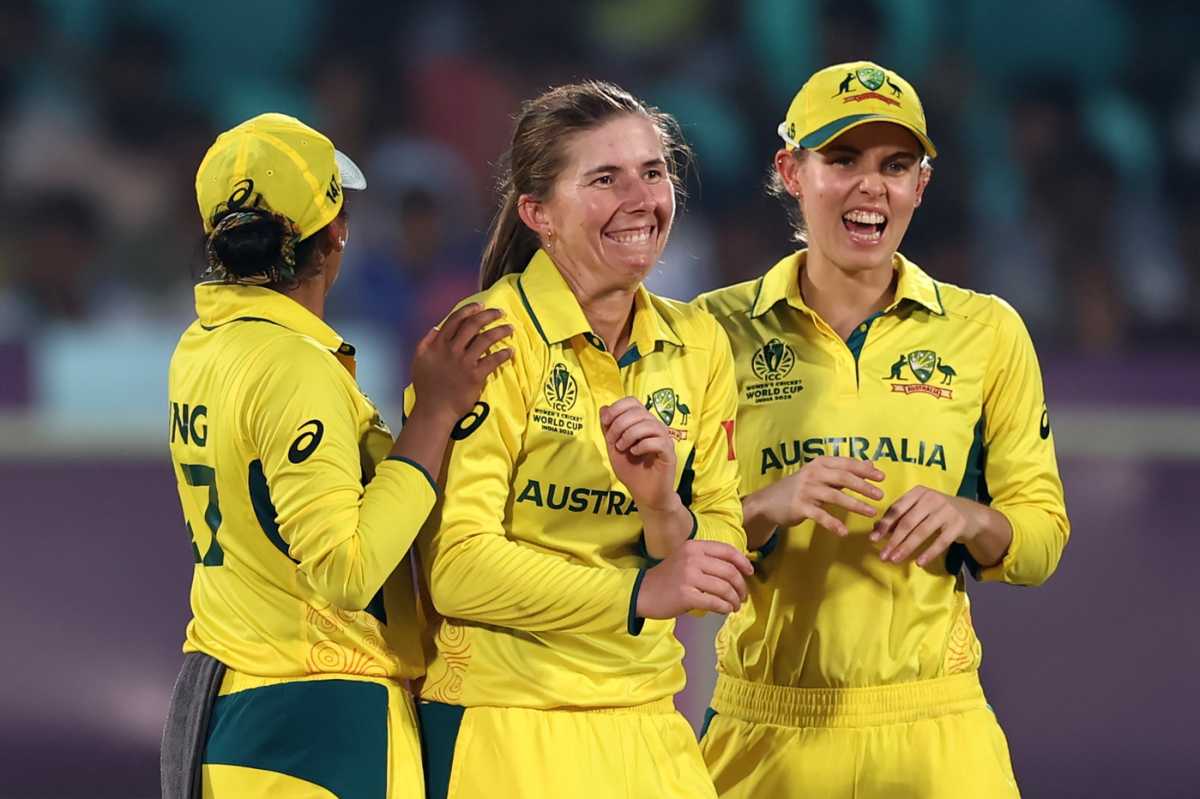 Georgia Wareham celebrates with Alana King and Phoebe Litchfield, Australia vs Bangladesh, Women's World Cup, Visakhapatnam, October 16, 2025