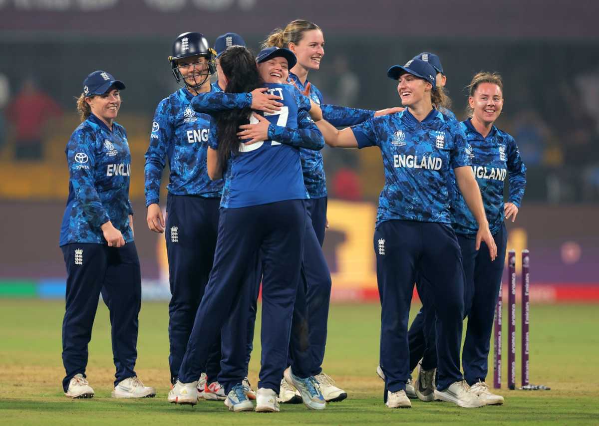 England celebrate after qualifying for the semi-final with a four-run win against India, India vs England, Women's ODI World Cup, Indore, October 19, 2025