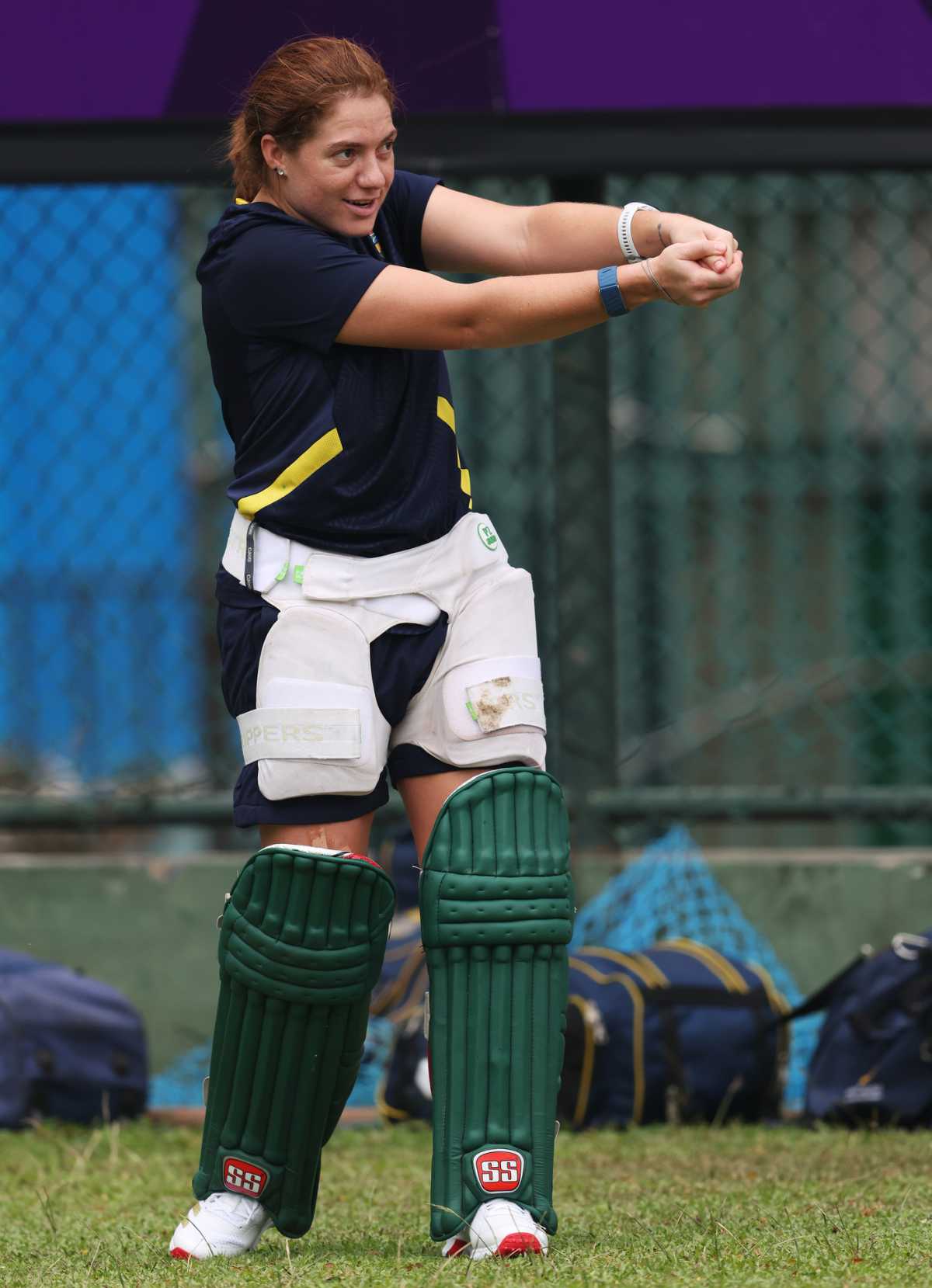 Nadine de Klerk mimics playing a shot in the nets, Colombo, October 20, 2025