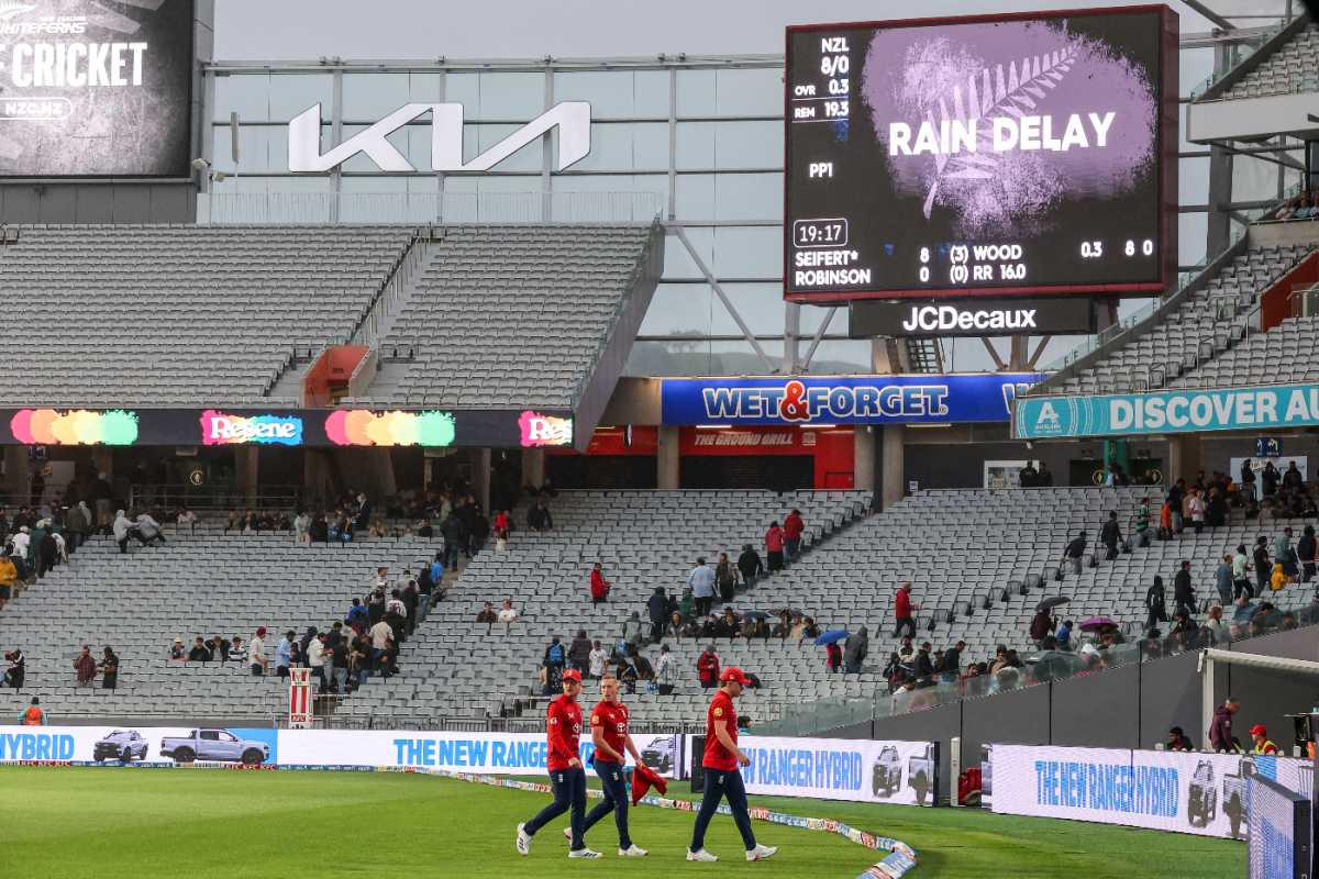 The players leave the field after three balls at Auckland, Auckland, New Zealand vs England, 3rd T20I, Auckland, October 23, 2025