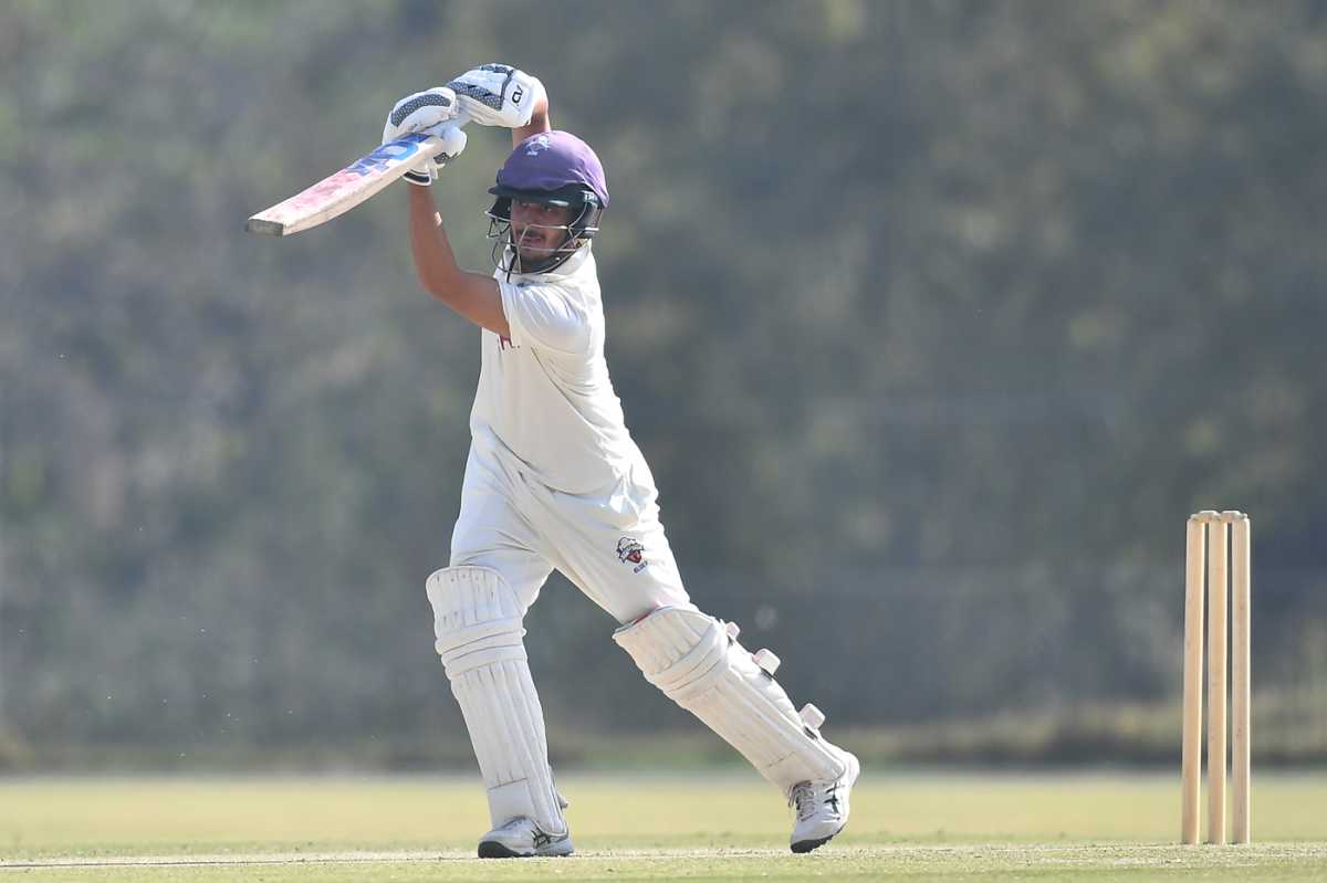 Saad Baig drives a ball during his innings, Lahore Region Whites vs Karachi Region Blues, Quaid-e-Azam Trophy, Abbottabad, October 24, 2025