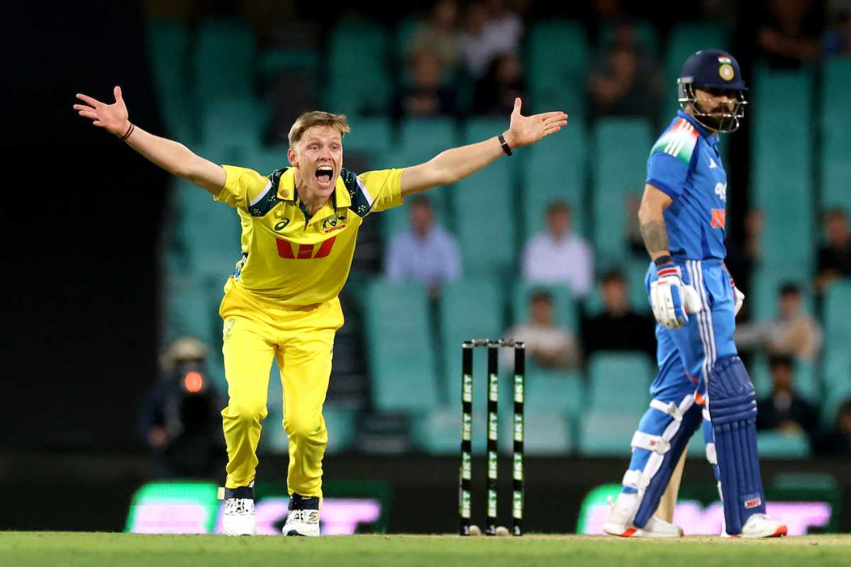 Nathan Ellis appeals unsuccessfully for Virat Kohli's wicket, Australia vs India, 3rd ODI, Sydney, October 25, 2025