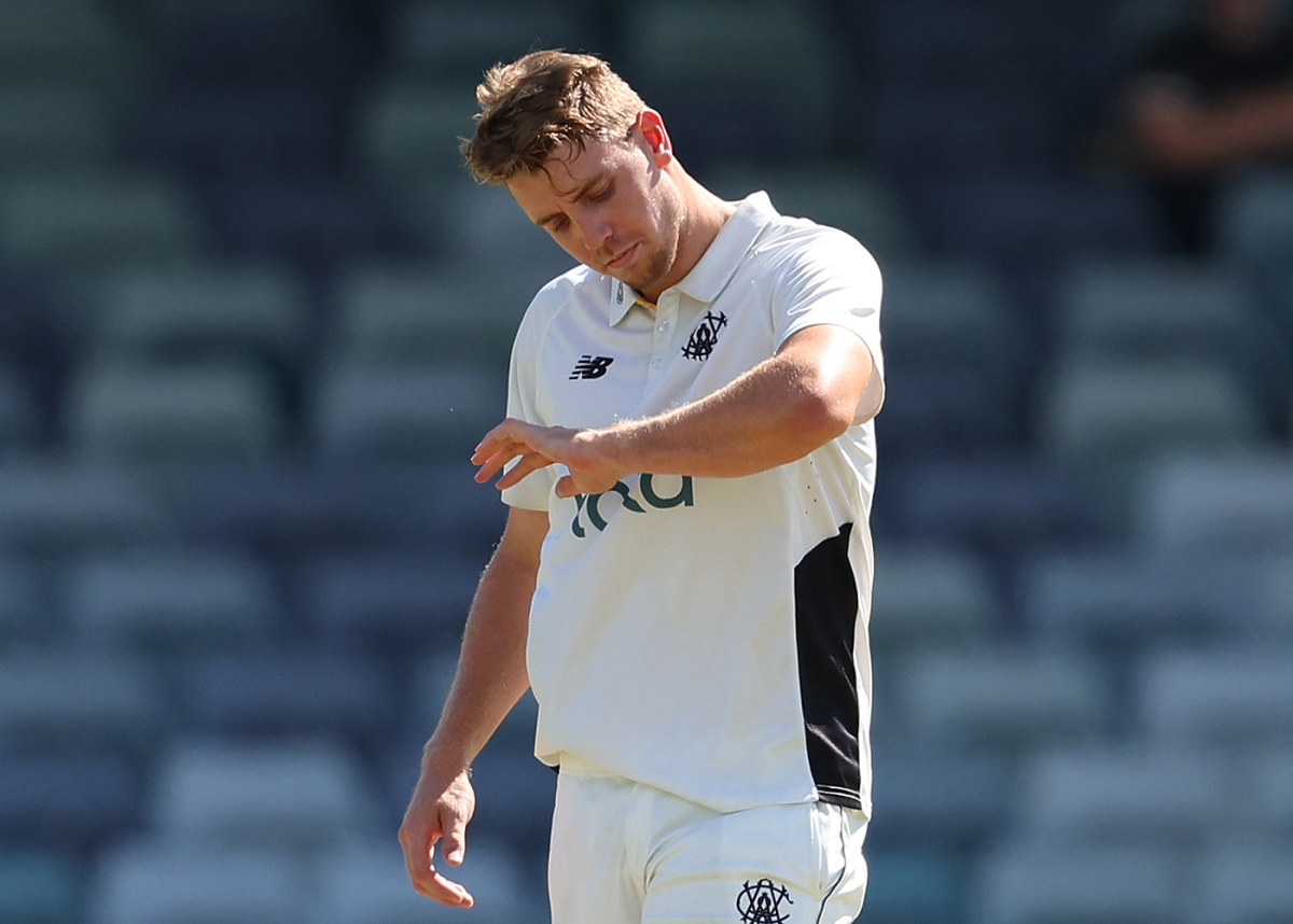 Cameron Green inspects his arm after a blow from Henry Thornton, Western Australia vs South Australia, Sheffield Shield, WACA, October 31, 2025