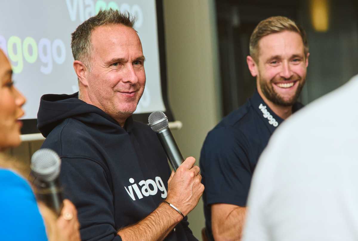 Michael Vaughan and Chris Woakes speak to the media at a Viagogo event in London, October 31, 2025