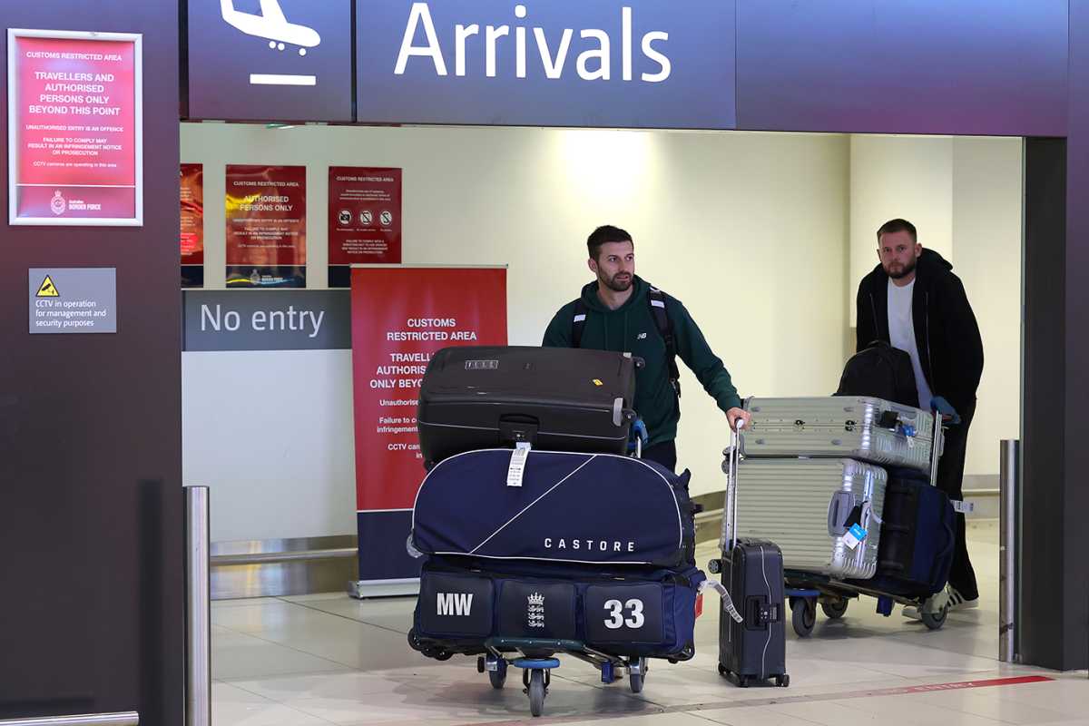 Mark Wood and Gus Atkinson come through arrivals, Perth, November 3, 2025
