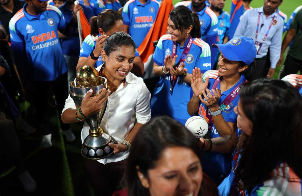 Mithali Raj hugs the World Cup trophy, India vs South Africa, Women's World Cup final, Navi Mumbai, November 2, 2025
