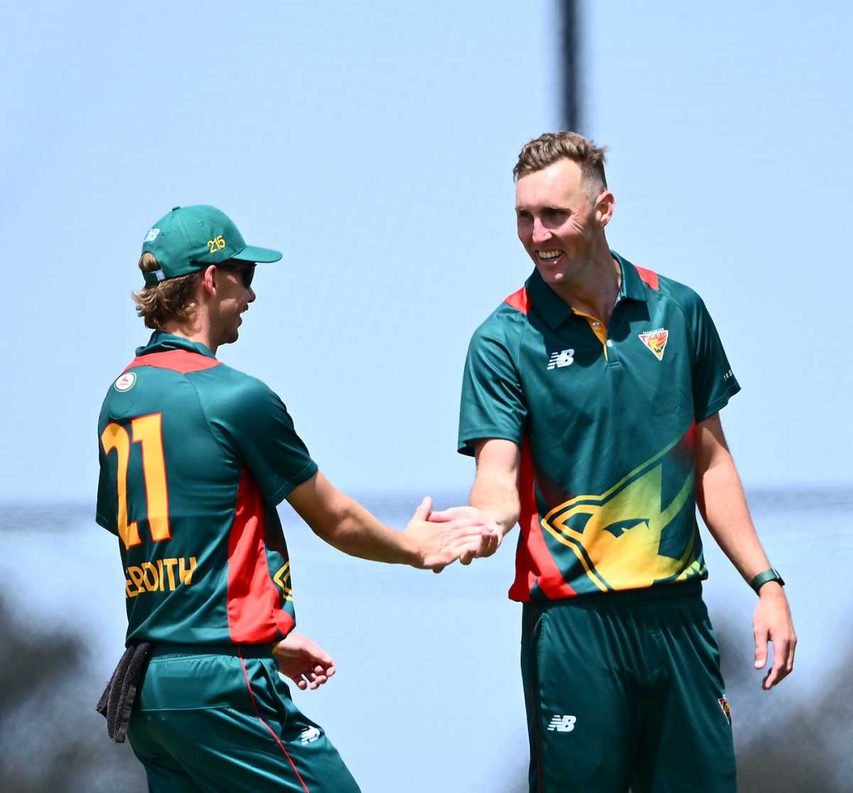 Billy Stanlake celebrates a wicket with Riley Meredith, Tasmania vs South Australia, One-Day Cup, Hobart, November 15, 2025