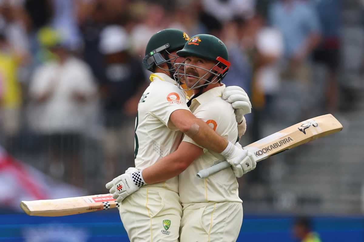 Travis Head and Marnus Labuschagne embrace after Head's thrilling 69-ball hundred, Australia vs England, 1st Test, The Ashes, Perth Stadium, November 22, 2025