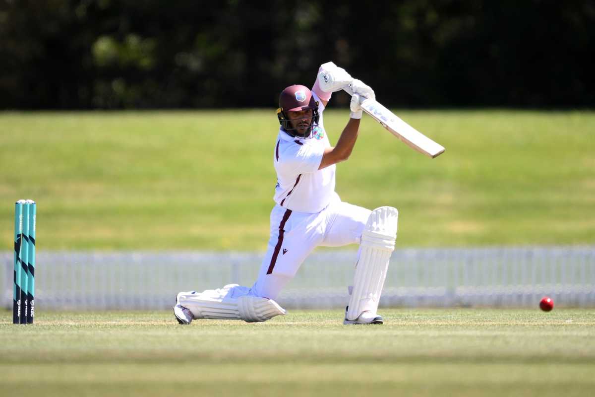 Brandon King drives, New Zealand XI vs West Indians, Tour Match, Lincoln, November 26, 2025