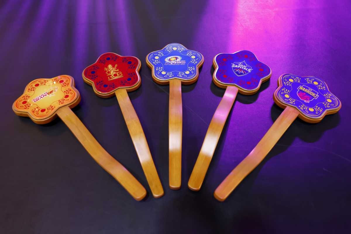 The paddles of all five teams at the WPL 2026 auction, Delhi, November 27, 2025