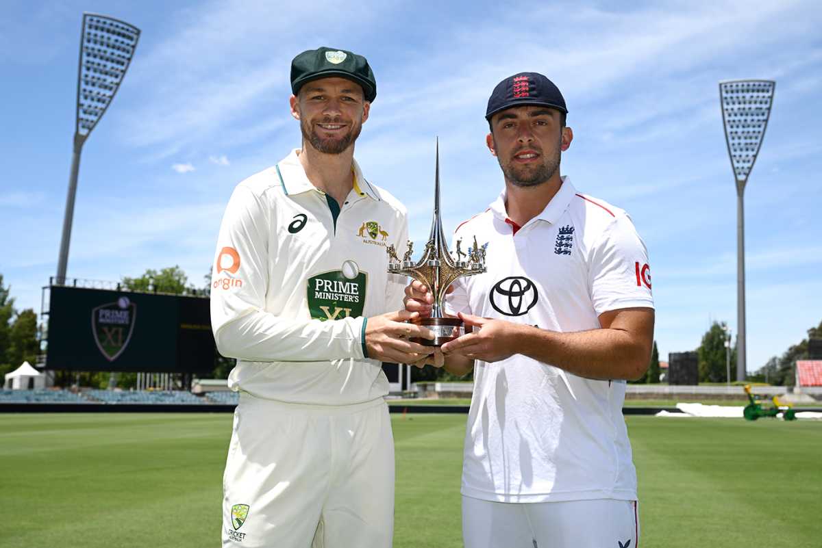 Peter Handscomb and Tom Haines pose with the trophy, Canberra, November 28, 2025