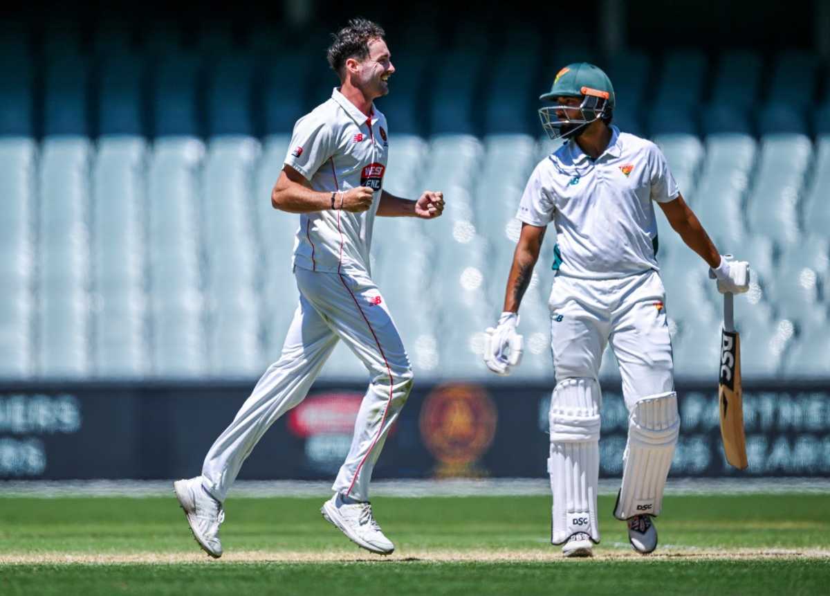 Jordan Buckingham took eight wicket for the match, South Australia vs Tasmania, Sheffield Shield, Adelaide Oval, December 5, 2025 