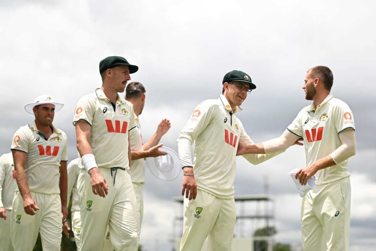 Xavier Bartlett, Ryan Hadley, Todd Murphy and Fergus O'Neill celebrate Australia A's win, Australia A vs England Lions, Allan Border Field, December 8, 2025