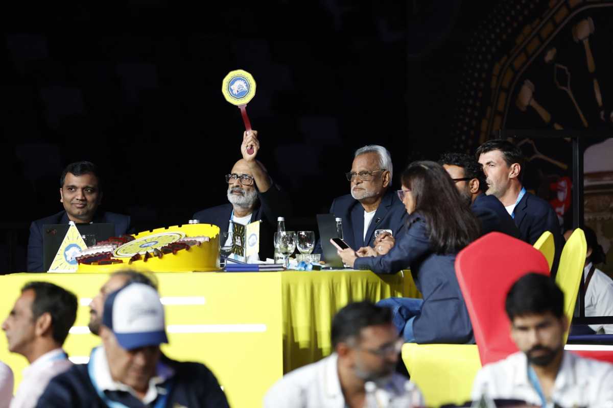 The Chennai Super Kings (CSK) table at the IPL 2026 auction, Abu Dhabi, December 16, 2025