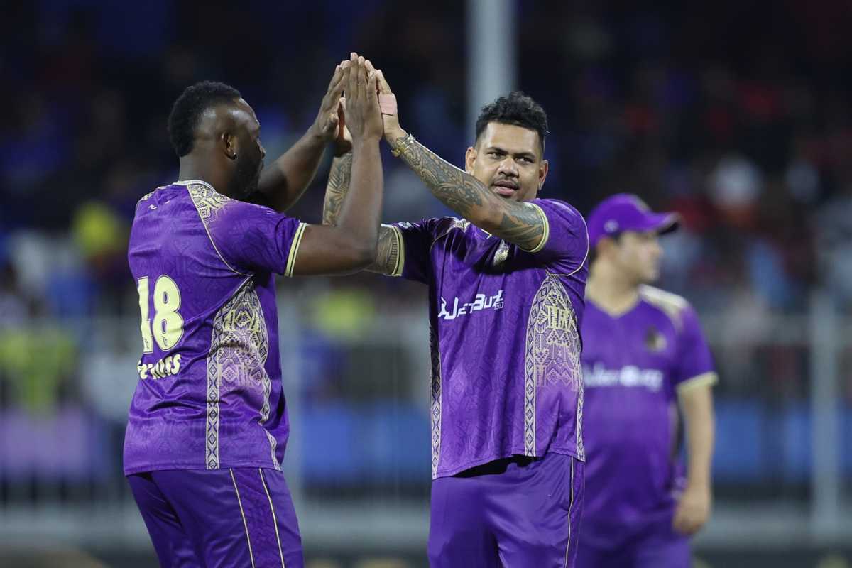 Sunil Narine celebrates after getting rid of Muhammad Waseem, Abu Dhabi Knight Riders vs MI Emirates, ILT20, Sharjah, January 2, 2026