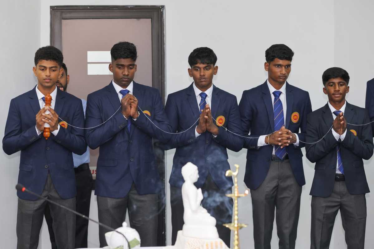 Sri Lanka's Vimath Dinsara, Kavija Gamage, Senuja Wekunagoda, Kugathas Mathulan and Vigneshwaran Akash before departing for the Under-19 World Cup, Colombo, January 1, 2026