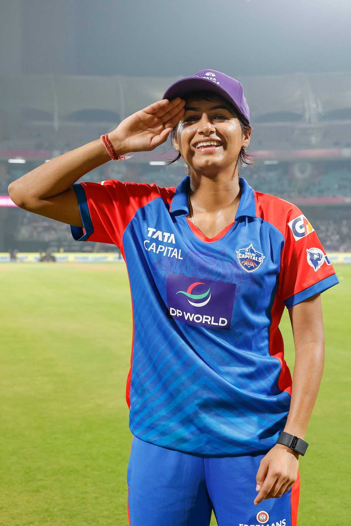 Nandani Sharma salutes the team's management after earning the purple cap, Delhi Capitals vs Gujarat Giants, WPL, Navi Mumbai, January 11, 2026