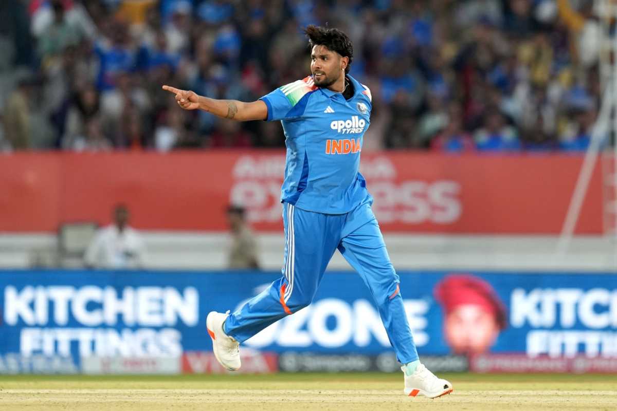 Harshit Rana celebrates after getting rid of Devon Conway, India vs New Zealand, 2nd ODI, Rajkot, January 14, 2026