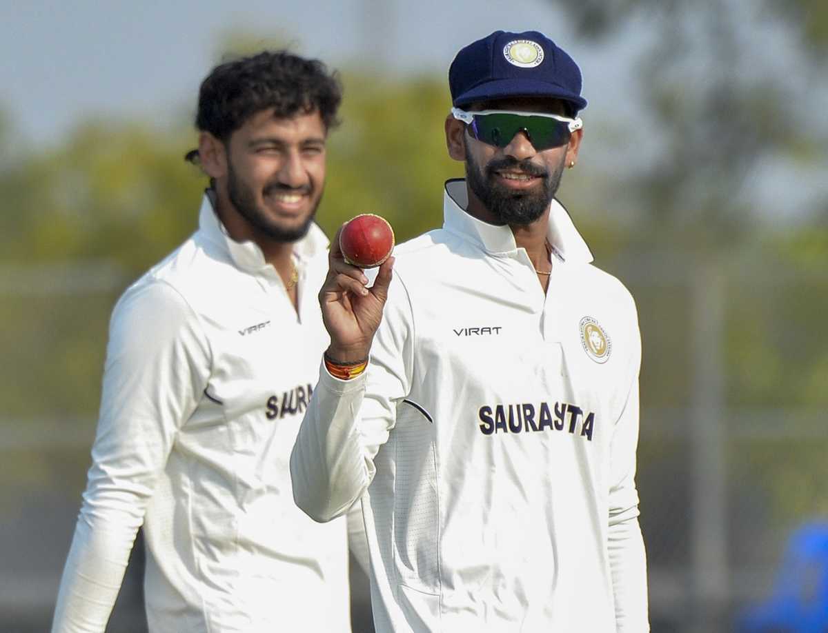 Parth Bhut holds the ball aloft after taking a five-for, Saurashtra vs Punjab, Ranji Trophy 2025-26, 2nd day, Rajkot, January 23, 2026
