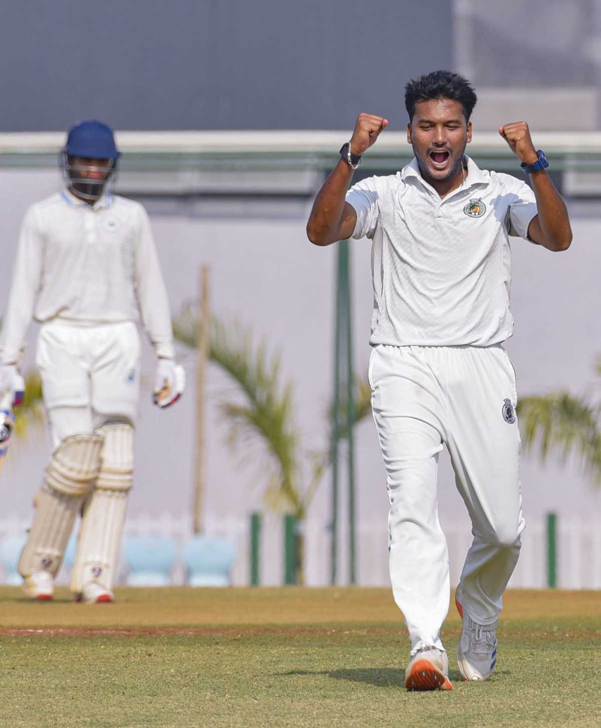 Mukhtar Hussain celebrates the wicket of Anuj Thakral, Assam vs Haryana, Ranji Trophy, day three, Fulung, January 24, 2026