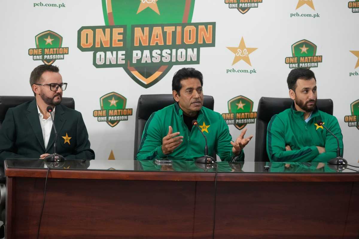 Head coach Mike Hesson, selector Aaqib Javed and captain Salman Agha at Pakistan's T20 World Cup squad announcement, Lahore, January 25, 2026