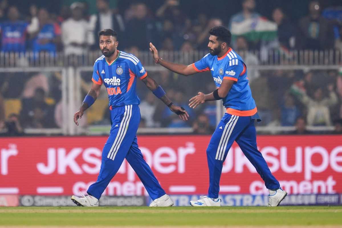 Hardik Pandya and Jasprit Bumrah celebrate a wicket, India vs New Zealand, 3rd T20I, Guwahati, January 25, 2026