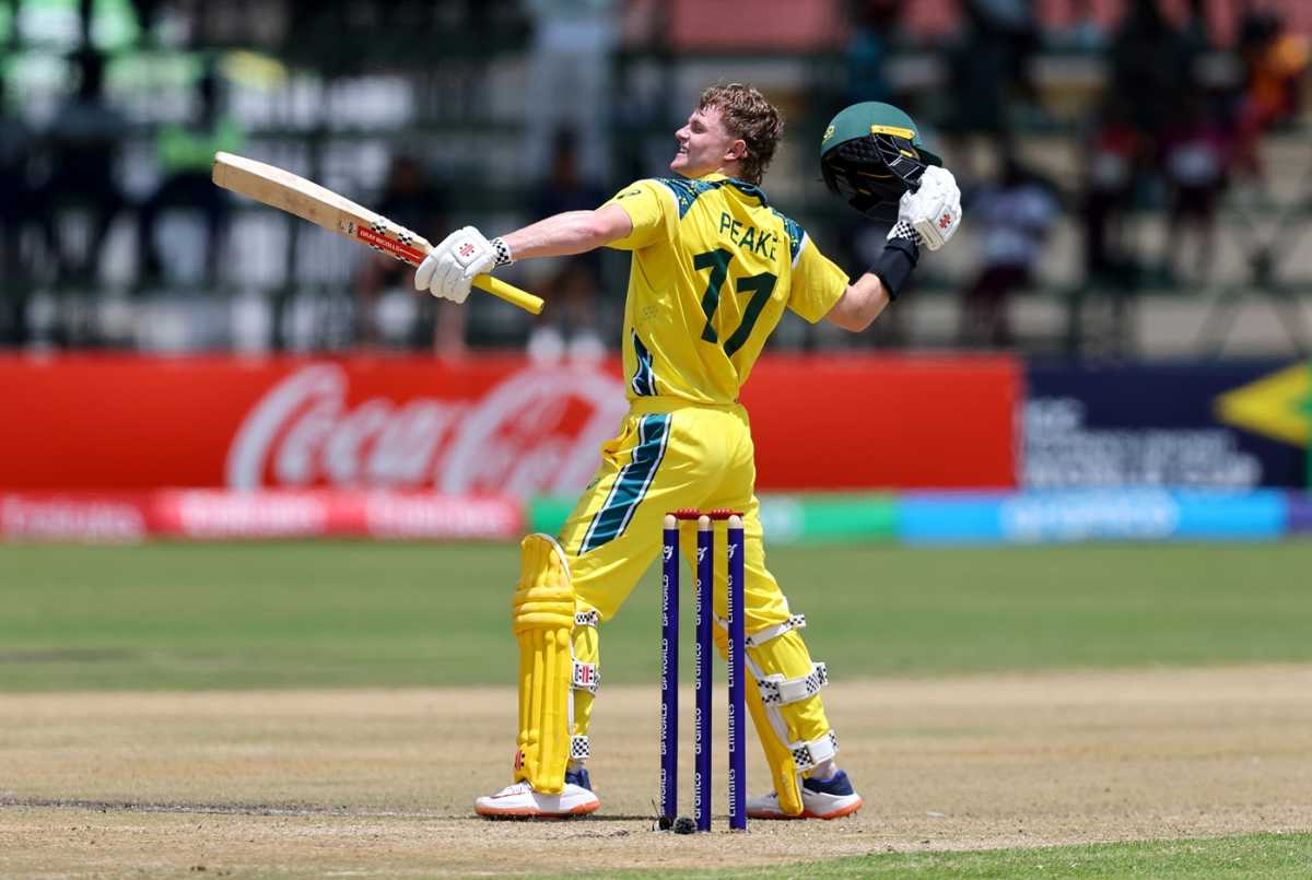 Oliver Peake celebrates his century, Australia vs West Indies, Under-19 World Cup, Harare, January 28, 2026